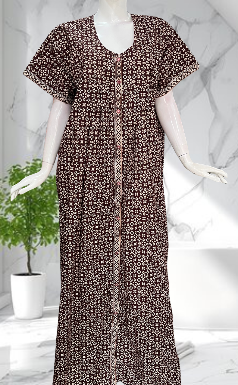 Chocolate Brown Ikat Full Open Pure Cotton Nighty. Pure Cotton | Laces and Frills - Laces and Frills