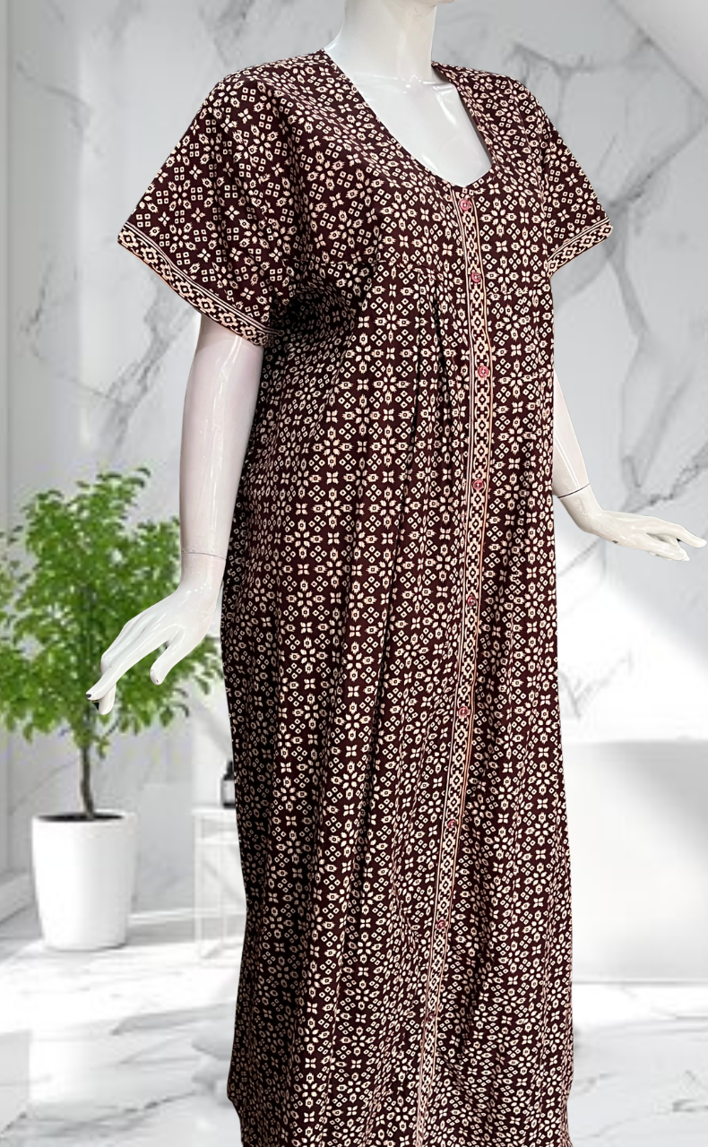 Chocolate Brown Ikat Full Open Pure Cotton Nighty. Pure Cotton | Laces and Frills - Laces and Frills