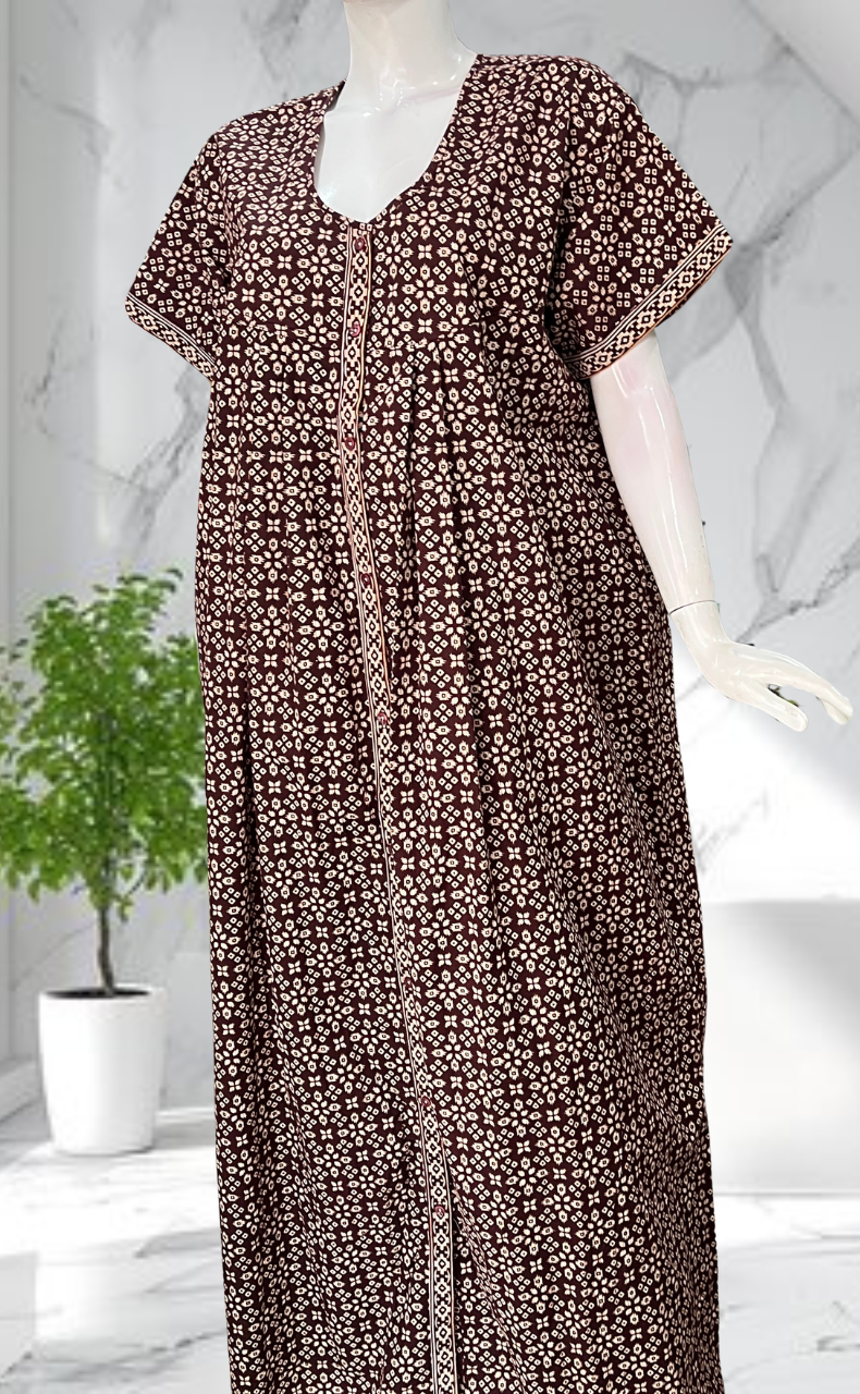 Chocolate Brown Ikat Full Open Pure Cotton Nighty. Pure Cotton | Laces and Frills - Laces and Frills