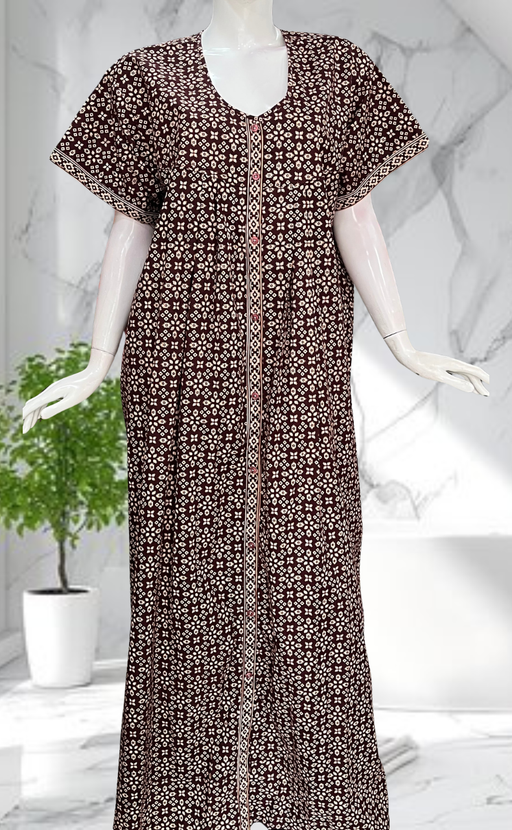 Chocolate Brown Ikat Full Open Pure Cotton Nighty. Pure Cotton | Laces and Frills - Laces and Frills