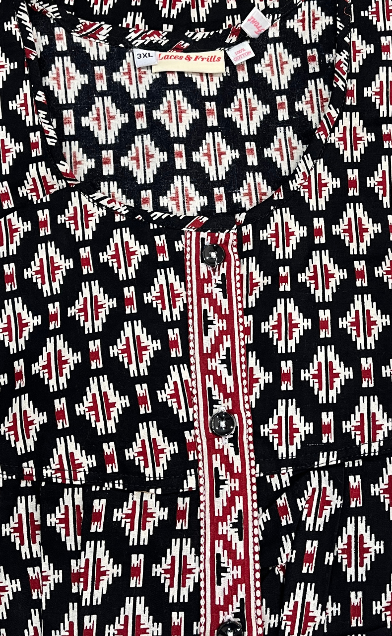 Black Ikat Full Open Pure Cotton Nighty. Pure Cotton | Laces and Frills - Laces and Frills