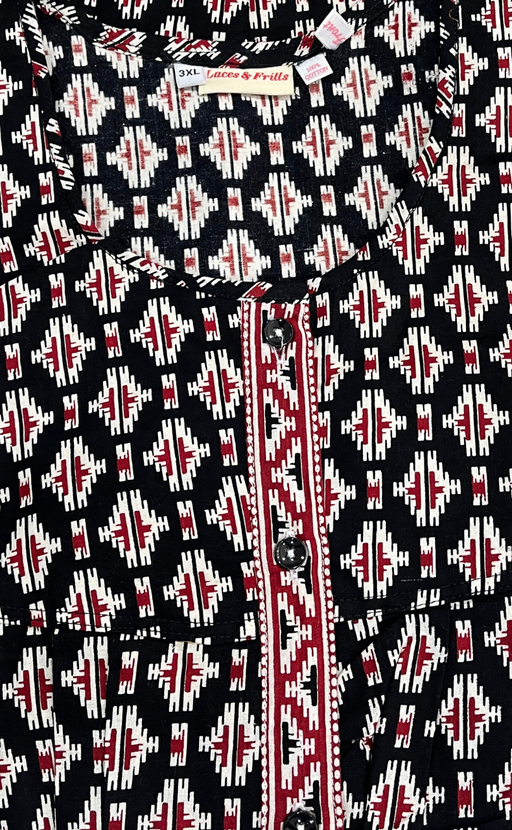 Black Ikat Full Open Pure Cotton Nighty. Pure Cotton | Laces and Frills - Laces and Frills