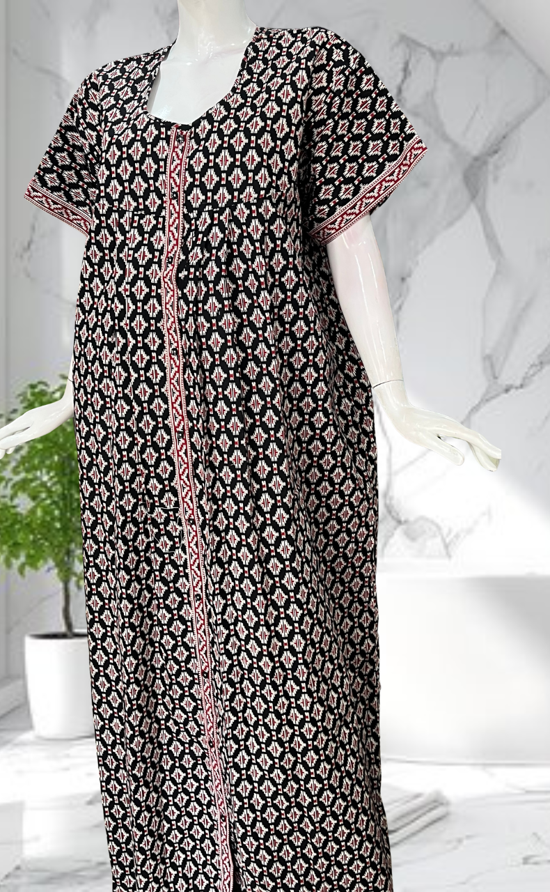 Black Ikat Full Open Pure Cotton Nighty. Pure Cotton | Laces and Frills - Laces and Frills