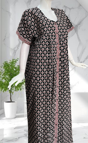 Black Ikat Full Open Pure Cotton Nighty. Pure Cotton | Laces and Frills - Laces and Frills