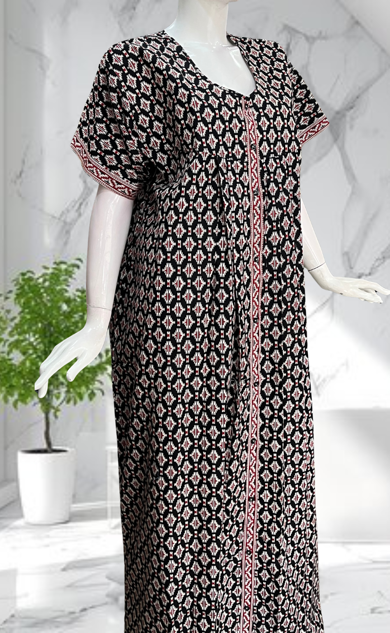 Black Ikat Full Open Pure Cotton Nighty. Pure Cotton | Laces and Frills - Laces and Frills