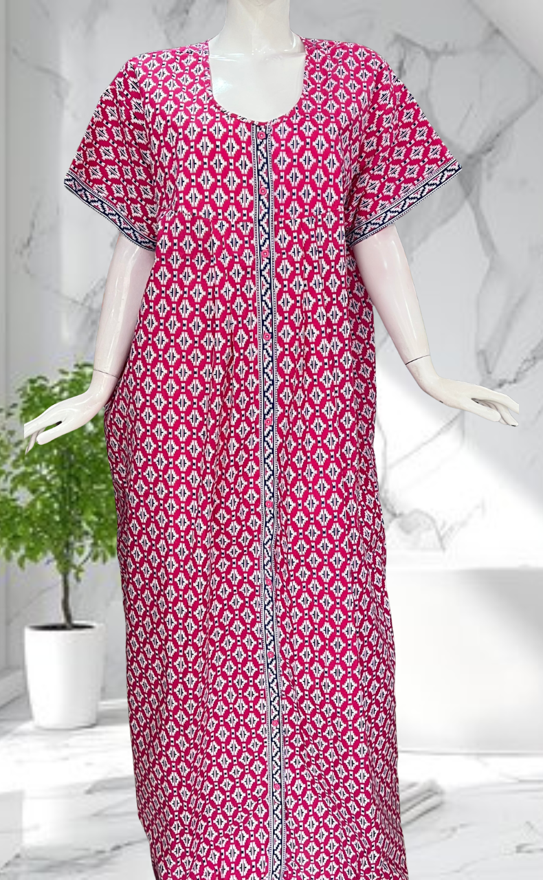 Pink Ikat Full Open Pure Cotton Nighty. Pure Cotton | Laces and Frills - Laces and Frills
