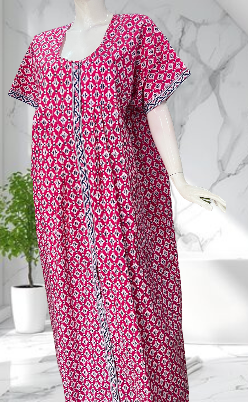Pink Ikat Full Open Pure Cotton Nighty. Pure Cotton | Laces and Frills - Laces and Frills
