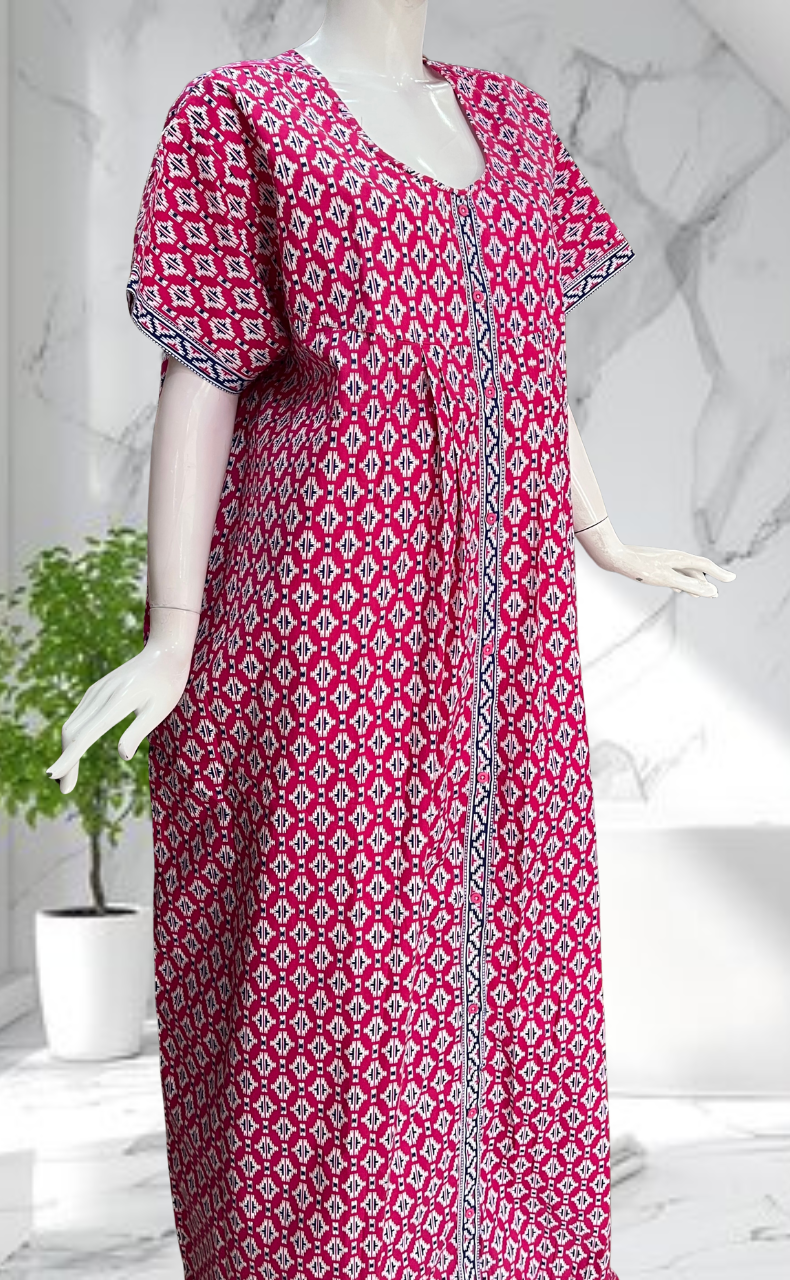 Pink Ikat Full Open Pure Cotton Nighty. Pure Cotton | Laces and Frills - Laces and Frills
