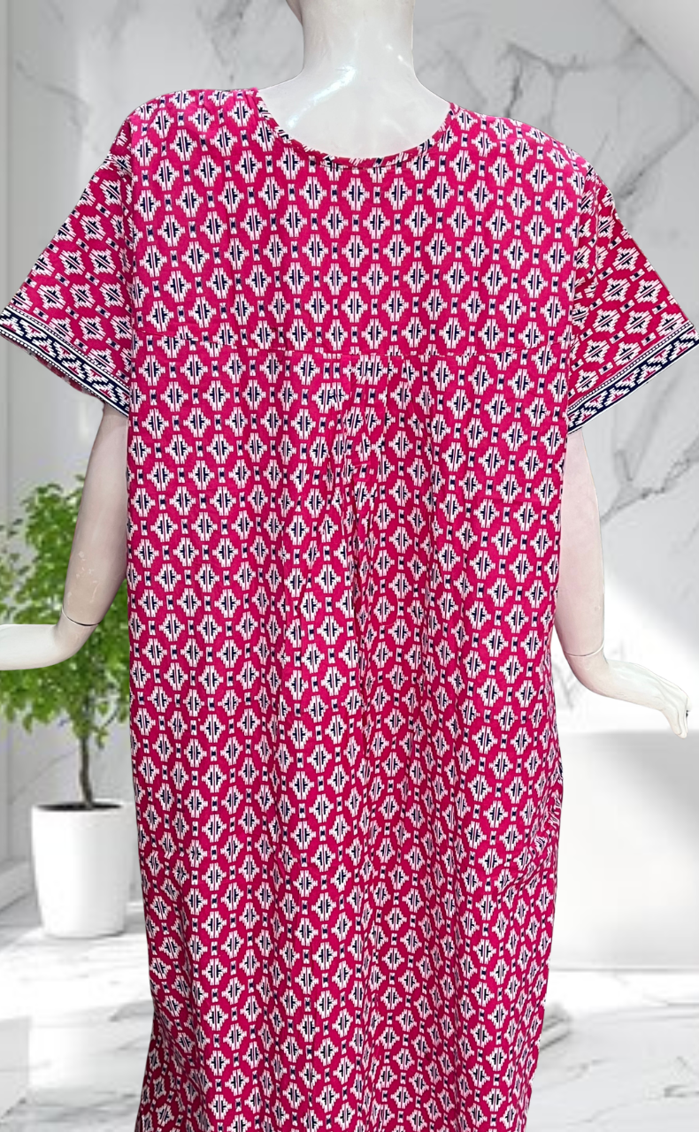 Pink Ikat Full Open Pure Cotton Nighty. Pure Cotton | Laces and Frills - Laces and Frills