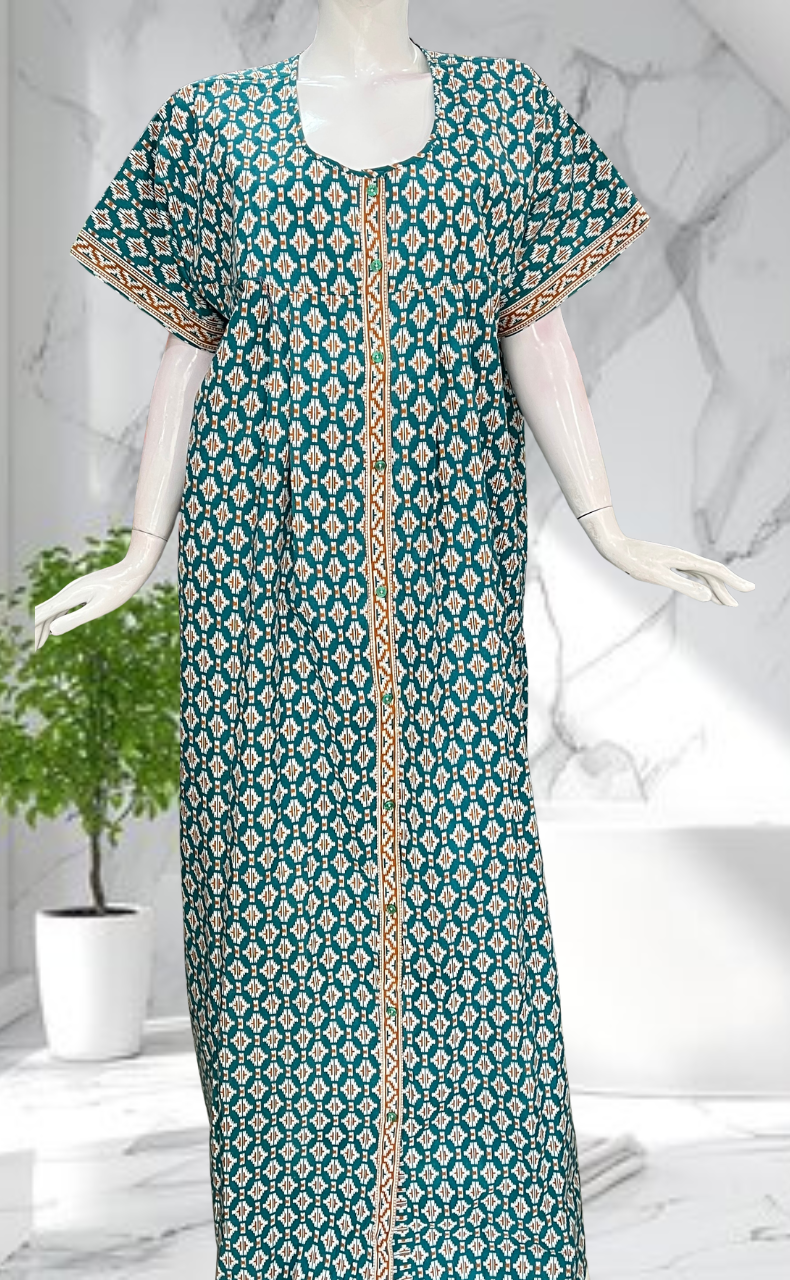 Sea Green Ikat Full Open Pure Cotton Nighty. Pure Cotton | Laces and Frills - Laces and Frills