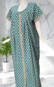 Sea Green Ikat Full Open Pure Cotton Nighty. Pure Cotton | Laces and Frills - Laces and Frills