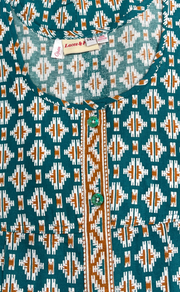Sea Green Ikat Full Open Pure Cotton Nighty. Pure Cotton | Laces and Frills - Laces and Frills