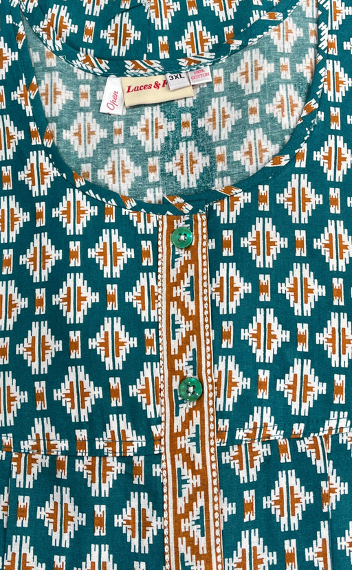 Sea Green Ikat Full Open Pure Cotton Nighty. Pure Cotton | Laces and Frills - Laces and Frills