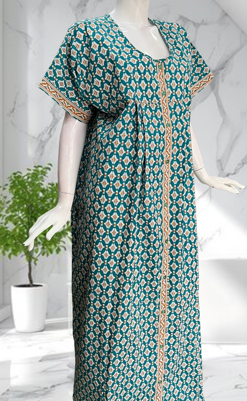Sea Green Ikat Full Open Pure Cotton Nighty. Pure Cotton | Laces and Frills - Laces and Frills