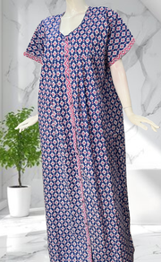 Blue Ikat Full Open Pure Cotton Nighty. Pure Cotton | Laces and Frills - Laces and Frills