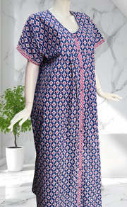 Blue Ikat Full Open Pure Cotton Nighty. Pure Cotton | Laces and Frills - Laces and Frills