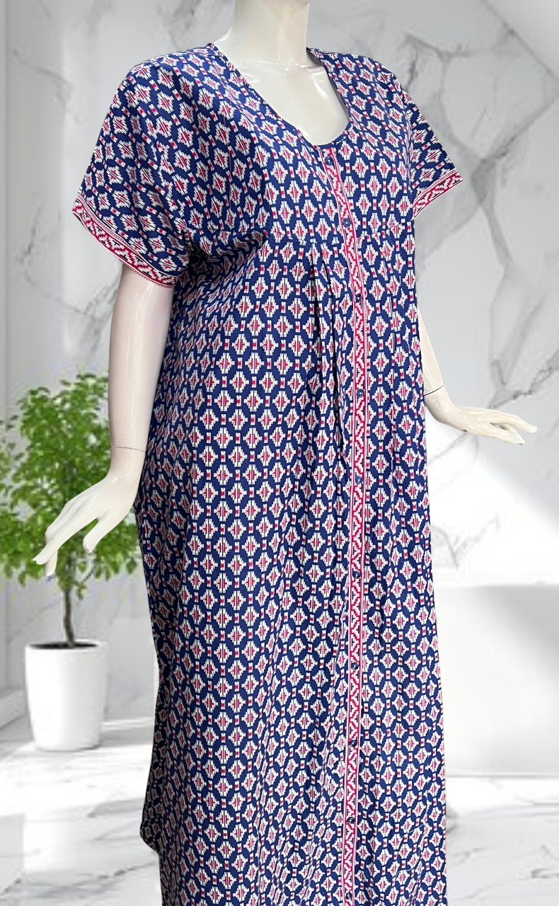 Blue Ikat Full Open Pure Cotton Nighty. Pure Cotton | Laces and Frills - Laces and Frills