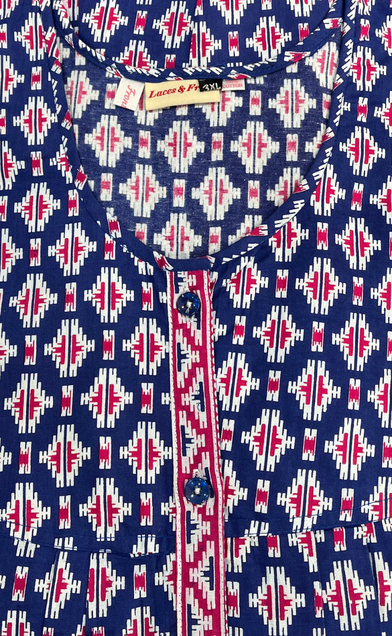 Blue Ikat Full Open Pure Cotton Nighty. Pure Cotton | Laces and Frills - Laces and Frills