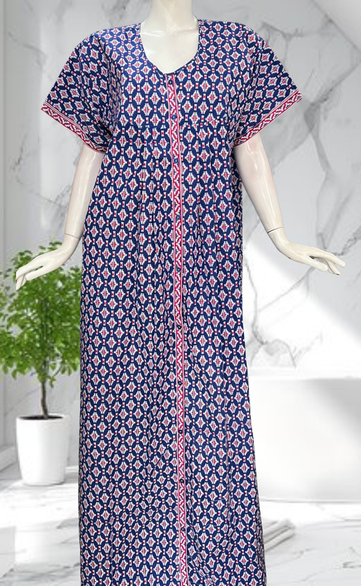 Blue Ikat Full Open Pure Cotton Nighty. Pure Cotton | Laces and Frills - Laces and Frills