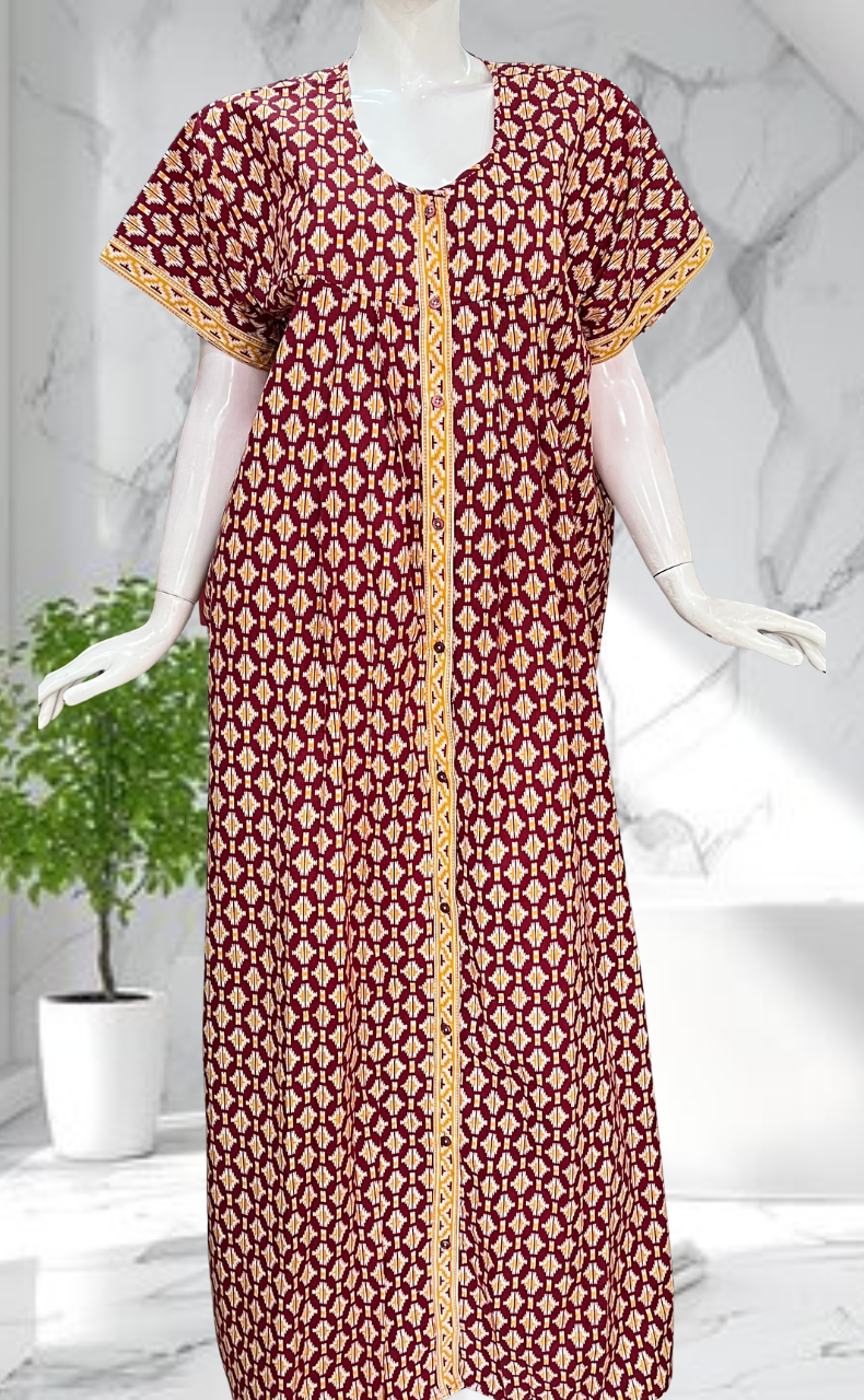 Maroon Ikat Full Open Pure Cotton Nighty. Pure Cotton | Laces and Frills - Laces and Frills