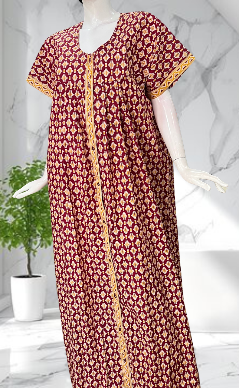 Maroon Ikat Full Open Pure Cotton Nighty. Pure Cotton | Laces and Frills - Laces and Frills
