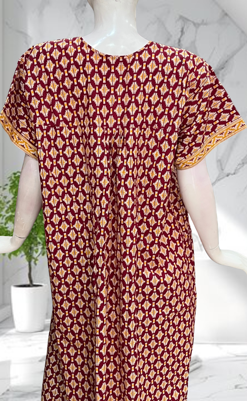 Maroon Ikat Full Open Pure Cotton Nighty. Pure Cotton | Laces and Frills - Laces and Frills