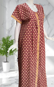 Maroon Ikat Full Open Pure Cotton Nighty. Pure Cotton | Laces and Frills - Laces and Frills