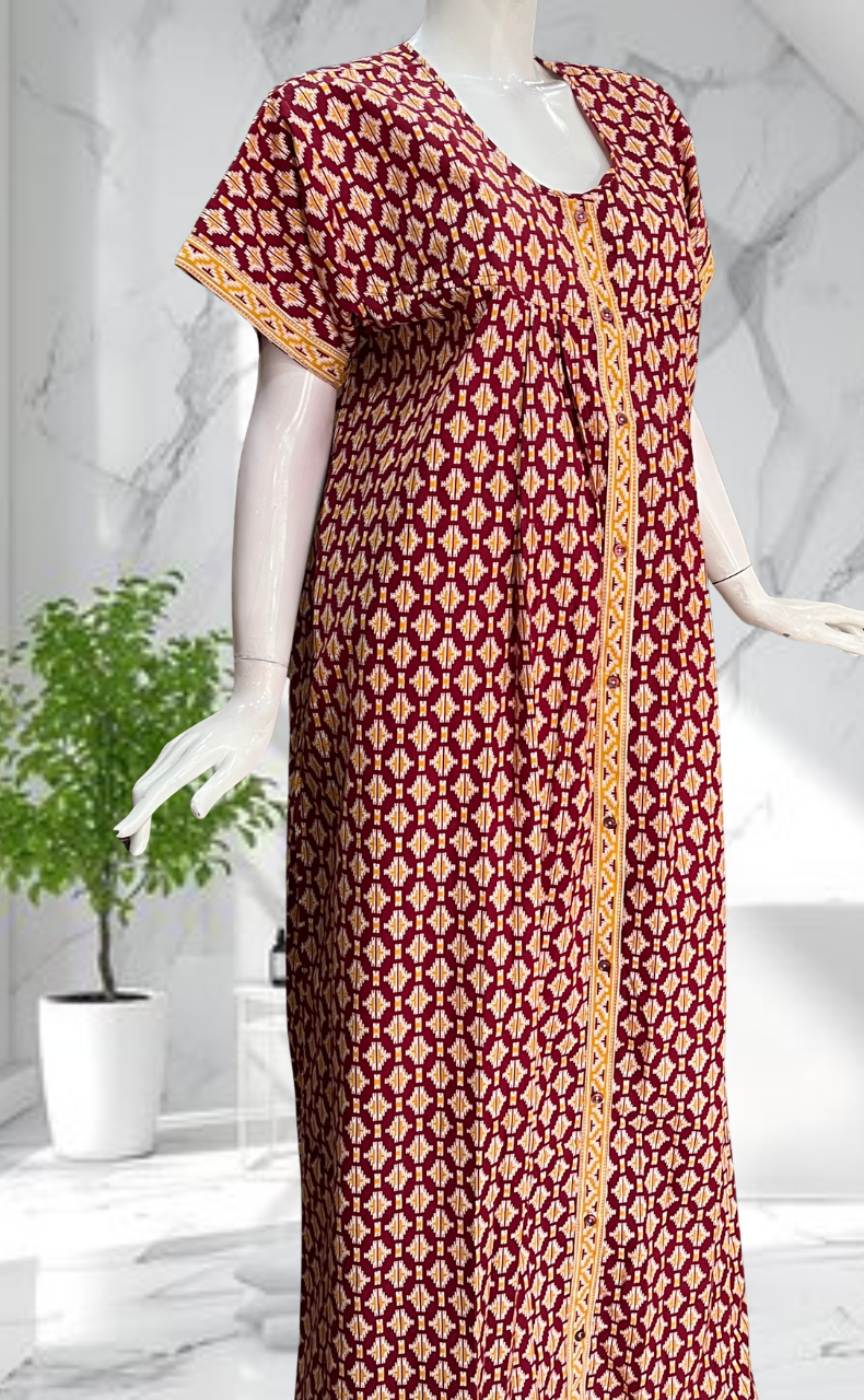 Maroon Ikat Full Open Pure Cotton Nighty. Pure Cotton | Laces and Frills - Laces and Frills
