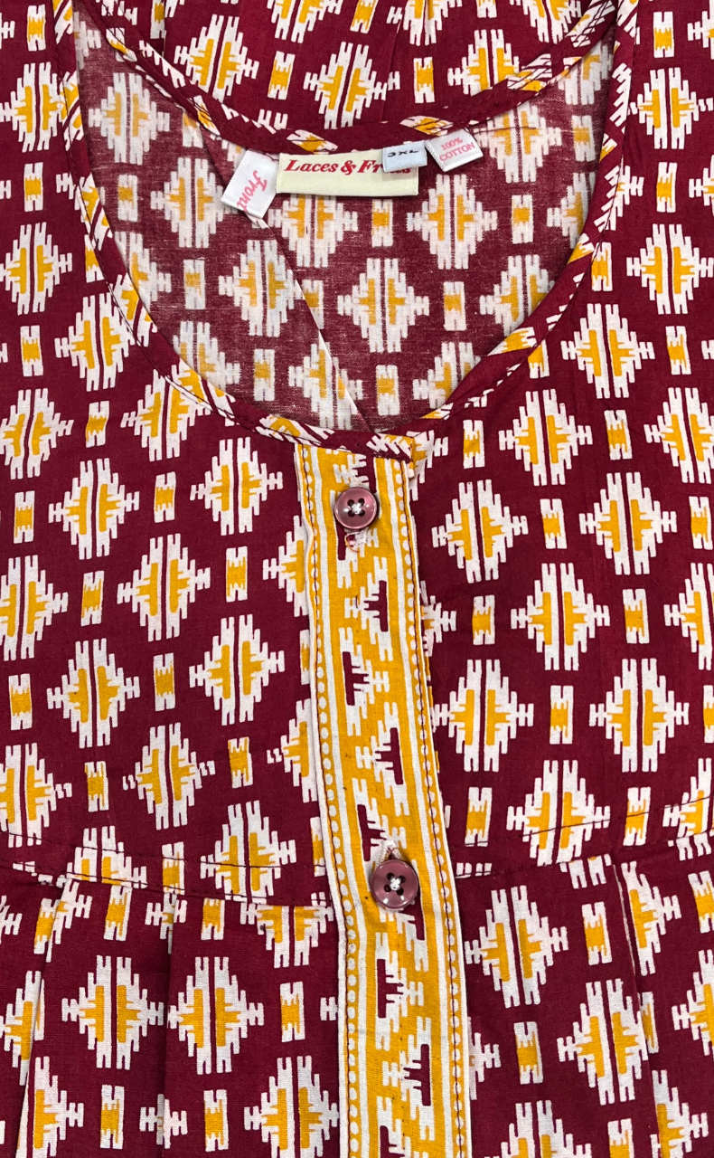 Maroon Ikat Full Open Pure Cotton Nighty. Pure Cotton | Laces and Frills - Laces and Frills