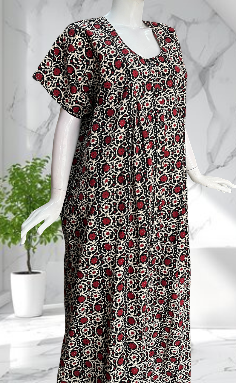 Black Floral Full Open Pure Cotton Nighty. Pure Cotton | Laces and Frills - Laces and Frills