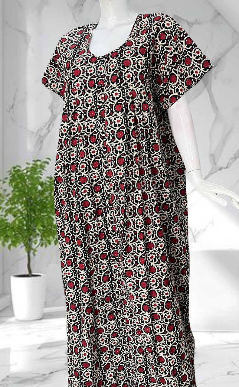 Black Floral Full Open Pure Cotton Nighty. Pure Cotton | Laces and Frills - Laces and Frills