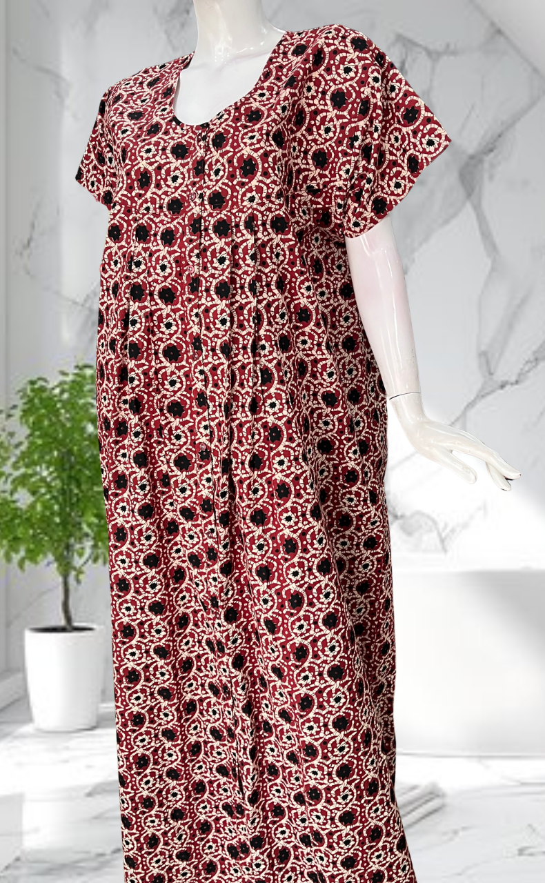 Maroon Floral Full Open Pure Cotton Nighty. Pure Cotton | Laces and Frills - Laces and Frills