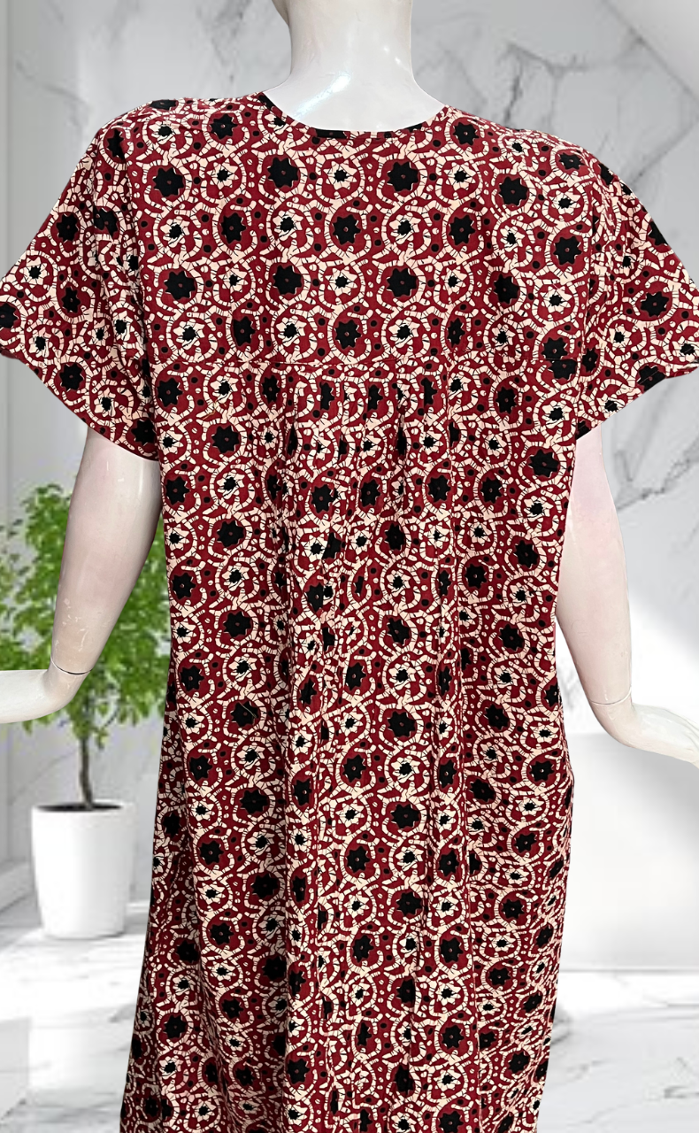 Maroon Floral Full Open Pure Cotton Nighty. Pure Cotton | Laces and Frills - Laces and Frills