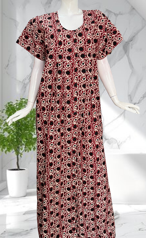 Maroon Floral Full Open Pure Cotton Nighty. Pure Cotton | Laces and Frills - Laces and Frills