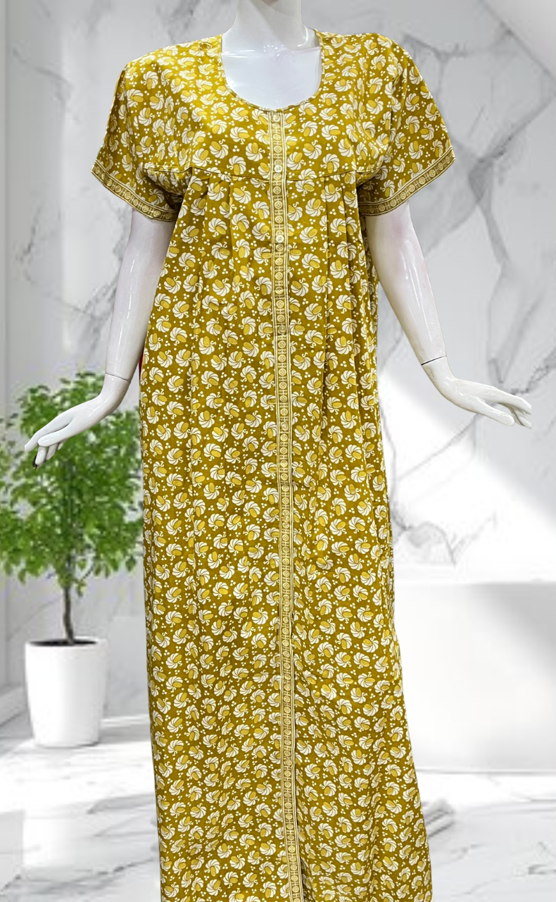Lime Green Floral Full Open Pure Cotton Nighty. Pure Cotton | Laces and Frills