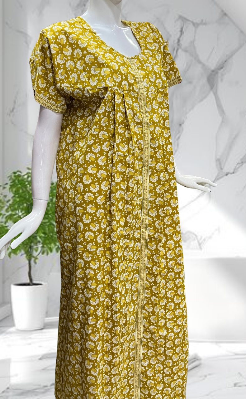 Lime Green Floral Full Open Pure Cotton Nighty. Pure Cotton | Laces and Frills