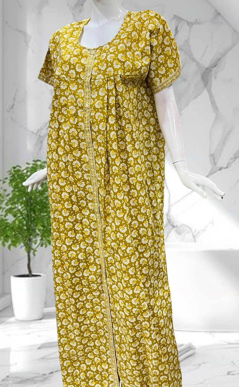 Lime Green Floral Full Open Pure Cotton Nighty. Pure Cotton | Laces and Frills