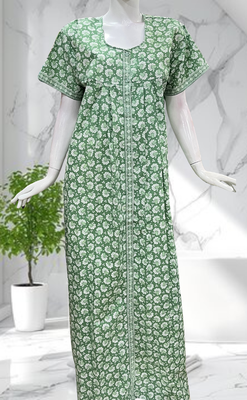Pista Green Floral Full Open Pure Cotton Nighty. Pure Cotton | Laces and Frills