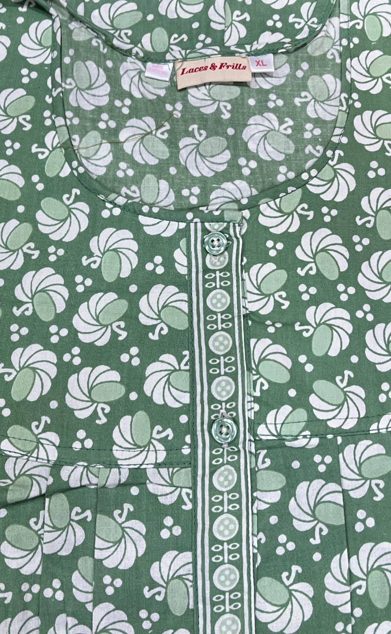 Pista Green Floral Full Open Pure Cotton Nighty. Pure Cotton | Laces and Frills
