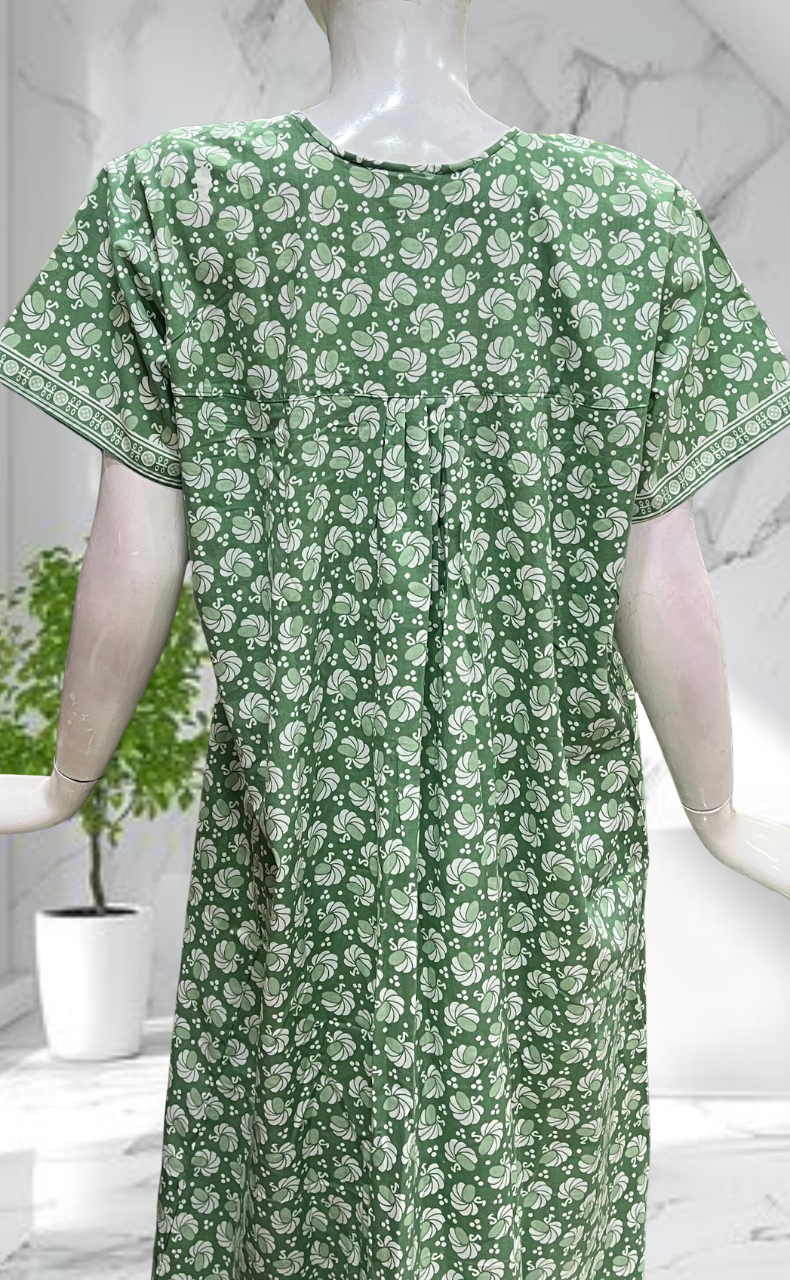 Pista Green Floral Full Open Pure Cotton Nighty. Pure Cotton | Laces and Frills