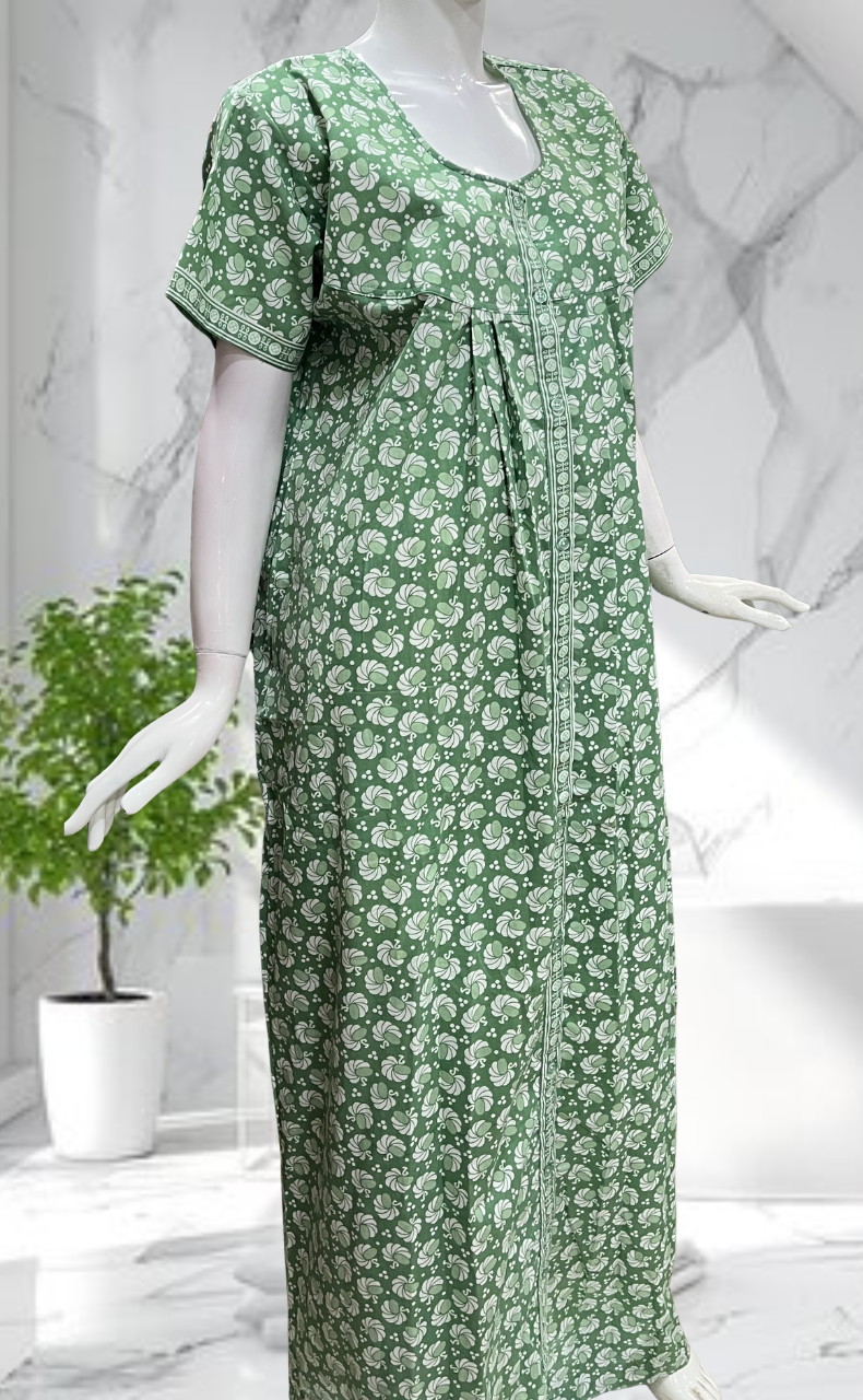 Pista Green Floral Full Open Pure Cotton Nighty. Pure Cotton | Laces and Frills