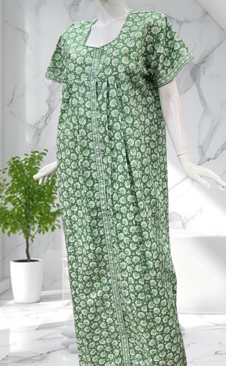 Pista Green Floral Full Open Pure Cotton Nighty. Pure Cotton | Laces and Frills