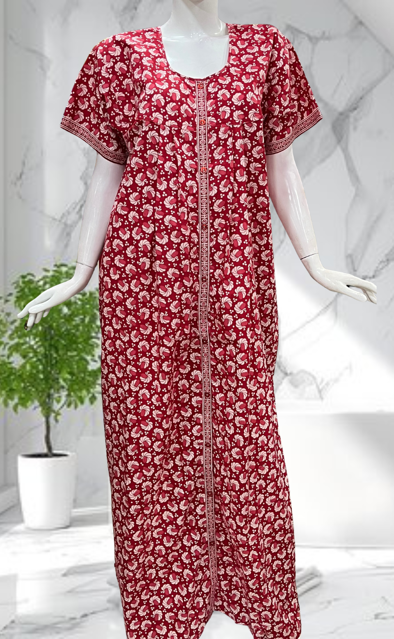 Red Floral Full Open Pure Cotton Nighty. Pure Cotton | Laces and Frills