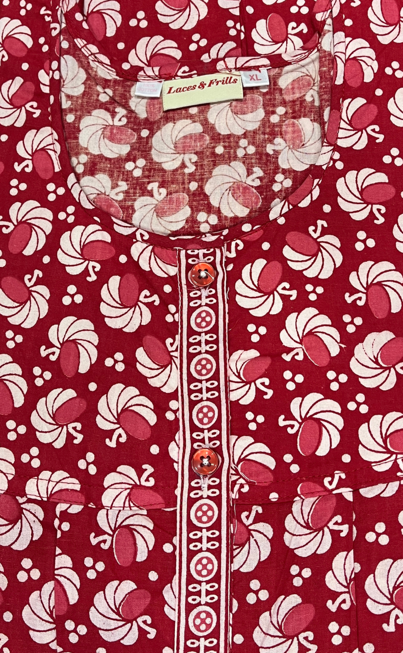 Red Floral Full Open Pure Cotton Nighty. Pure Cotton | Laces and Frills