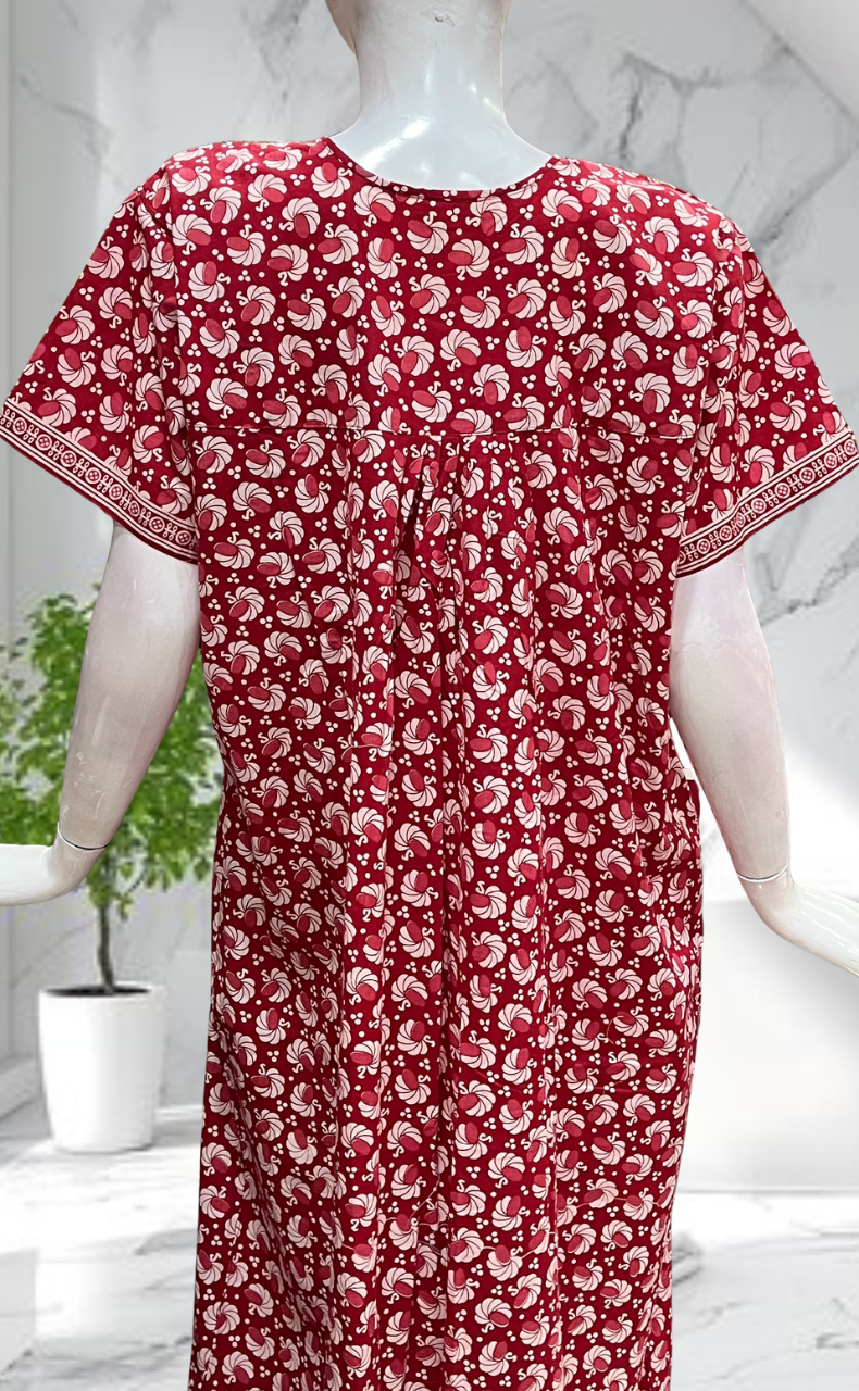 Red Floral Full Open Pure Cotton Nighty. Pure Cotton | Laces and Frills