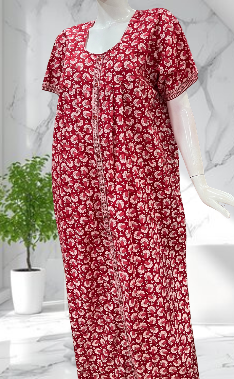 Red Floral Full Open Pure Cotton Nighty. Pure Cotton | Laces and Frills