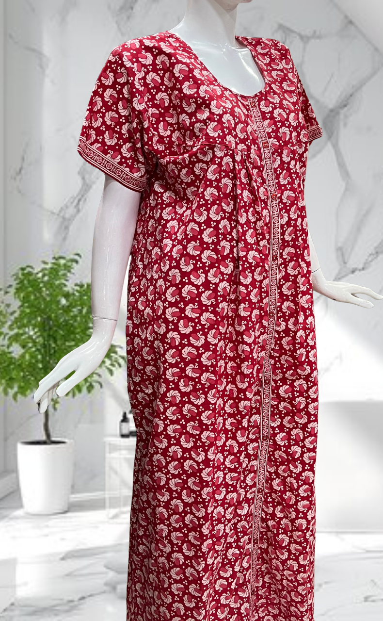 Red Floral Full Open Pure Cotton Nighty. Pure Cotton | Laces and Frills