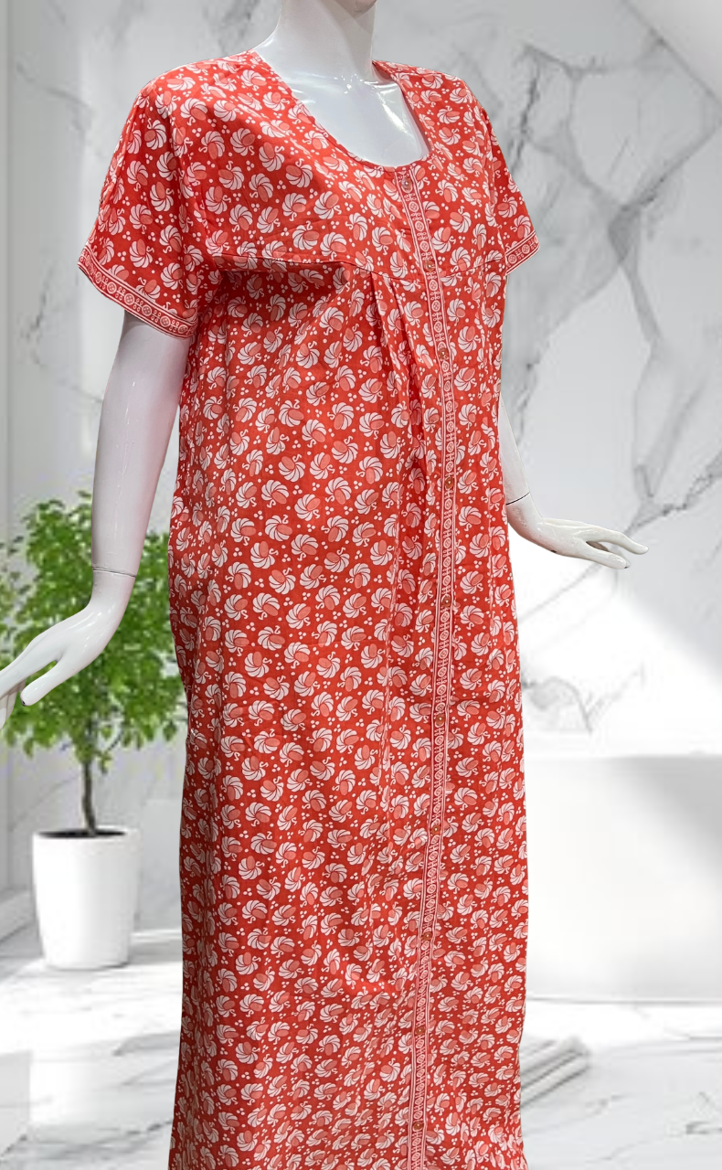 Peach Floral Full Open Pure Cotton Nighty. Pure Cotton | Laces and Frills - Laces and Frills
