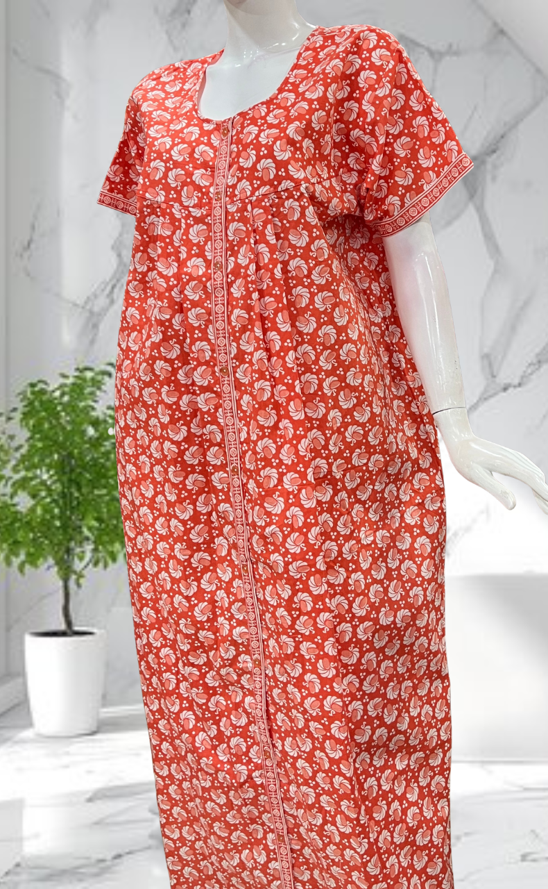 Peach Floral Full Open Pure Cotton Nighty. Pure Cotton | Laces and Frills - Laces and Frills