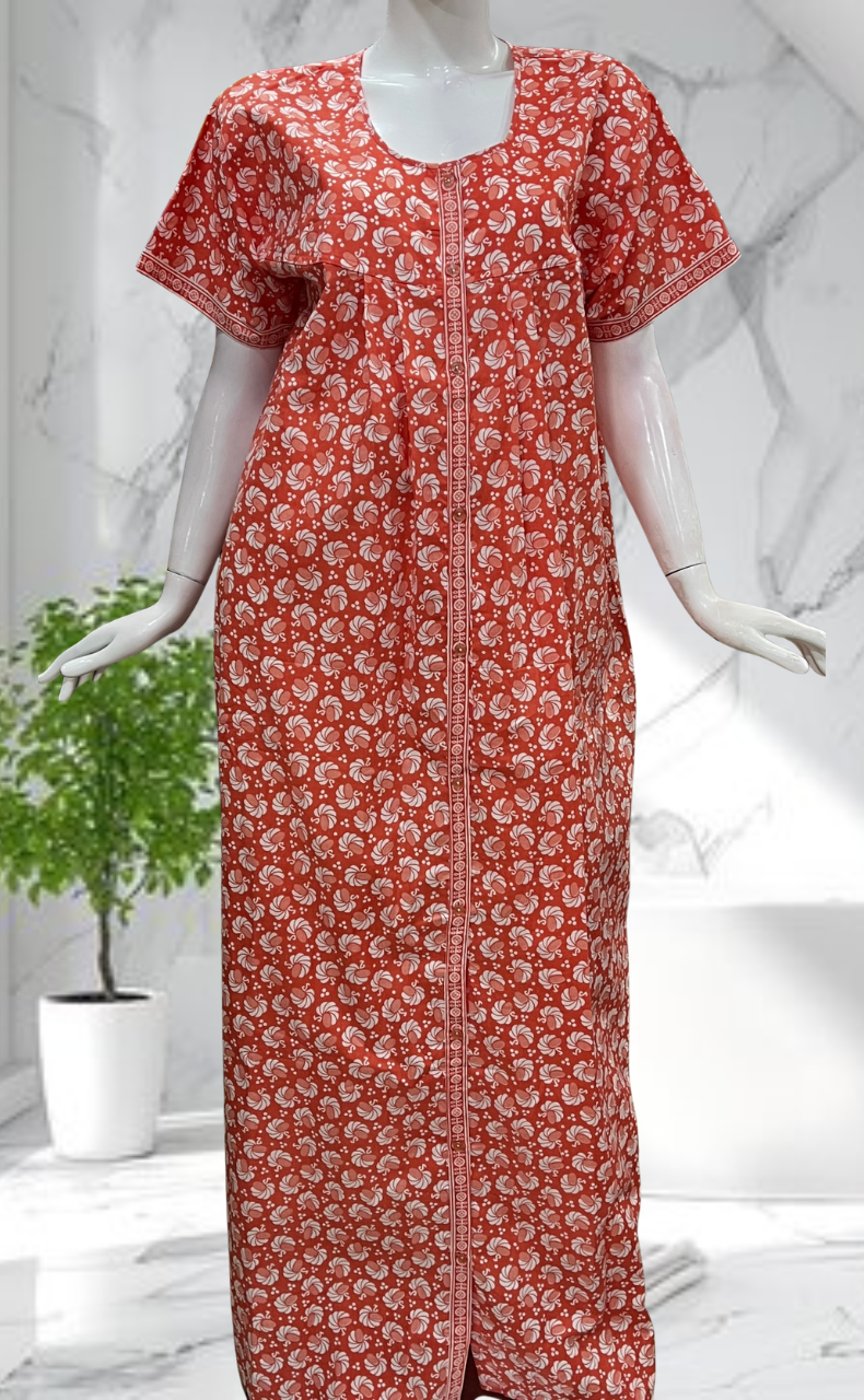 Peach Floral Full Open Pure Cotton Nighty. Pure Cotton | Laces and Frills - Laces and Frills